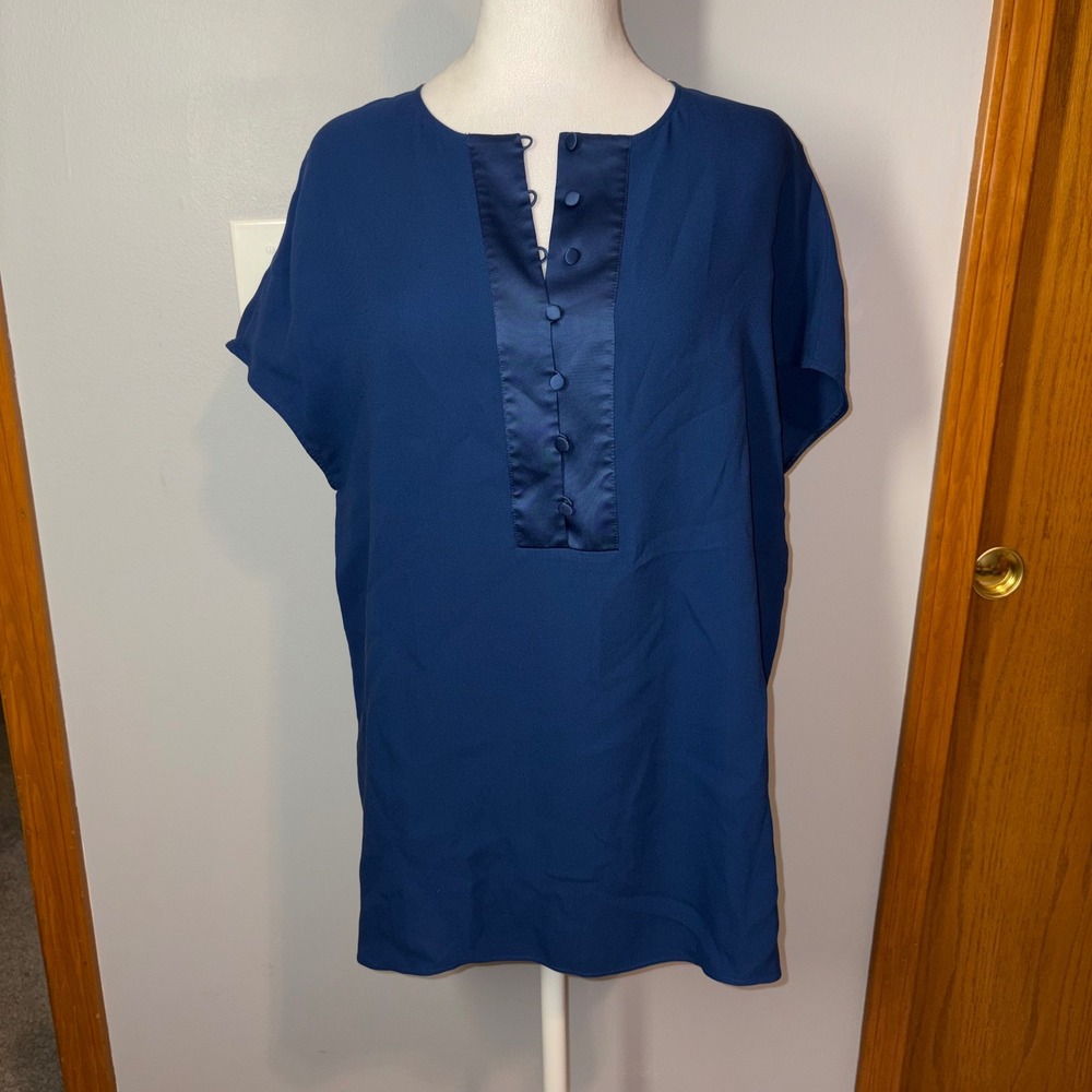 Lafayette 148 New York Blue 100% Silk Button Front Tunic‎ Top Size M